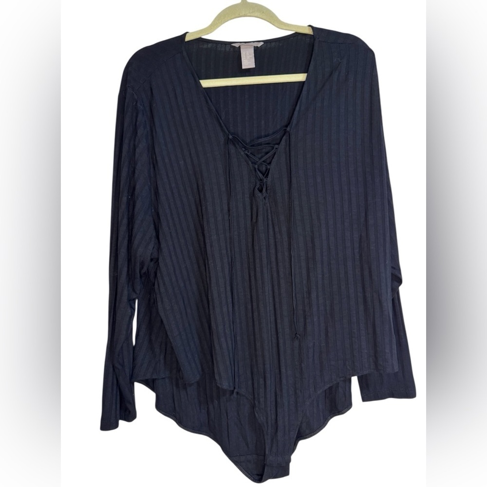 H&M Navy Ribbed Lace-Up Long Sleeve Bodysuit – 4X - Picture 1 of 4